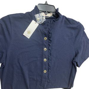 Tory Burch Navy Polo with Ruffle Detail XL